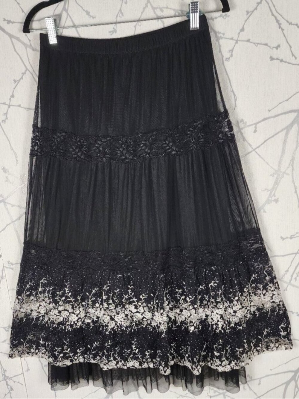 Moine USA Floral Lace Mesh Tiered Flowy Long Skirt